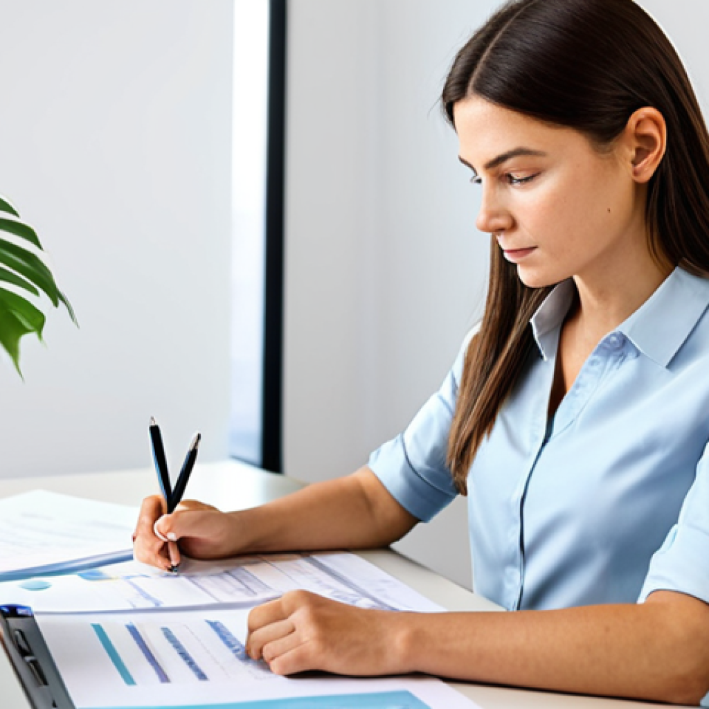 **
A professional and kind woman in a modest business outfit, sitting at a clean desk in a brightly lit, modern office. She is reviewing documents with a focused expression. The office has minimalist decor with plants. Safe for work, appropriate content, fully clothed, professional, perfect anatomy, correct proportions, well-formed hands, proper finger count, natural pose. High quality, family-friendly.
**