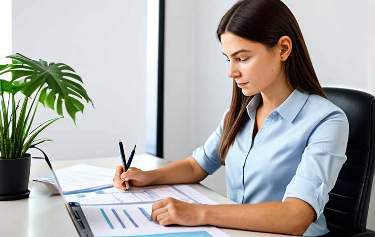 **

A professional and kind woman in a modest business outfit, sitting at a clean desk in a brightly lit, modern office. She is reviewing documents with a focused expression. The office has minimalist decor with plants. Safe for work, appropriate content, fully clothed, professional, perfect anatomy, correct proportions, well-formed hands, proper finger count, natural pose. High quality, family-friendly.

**