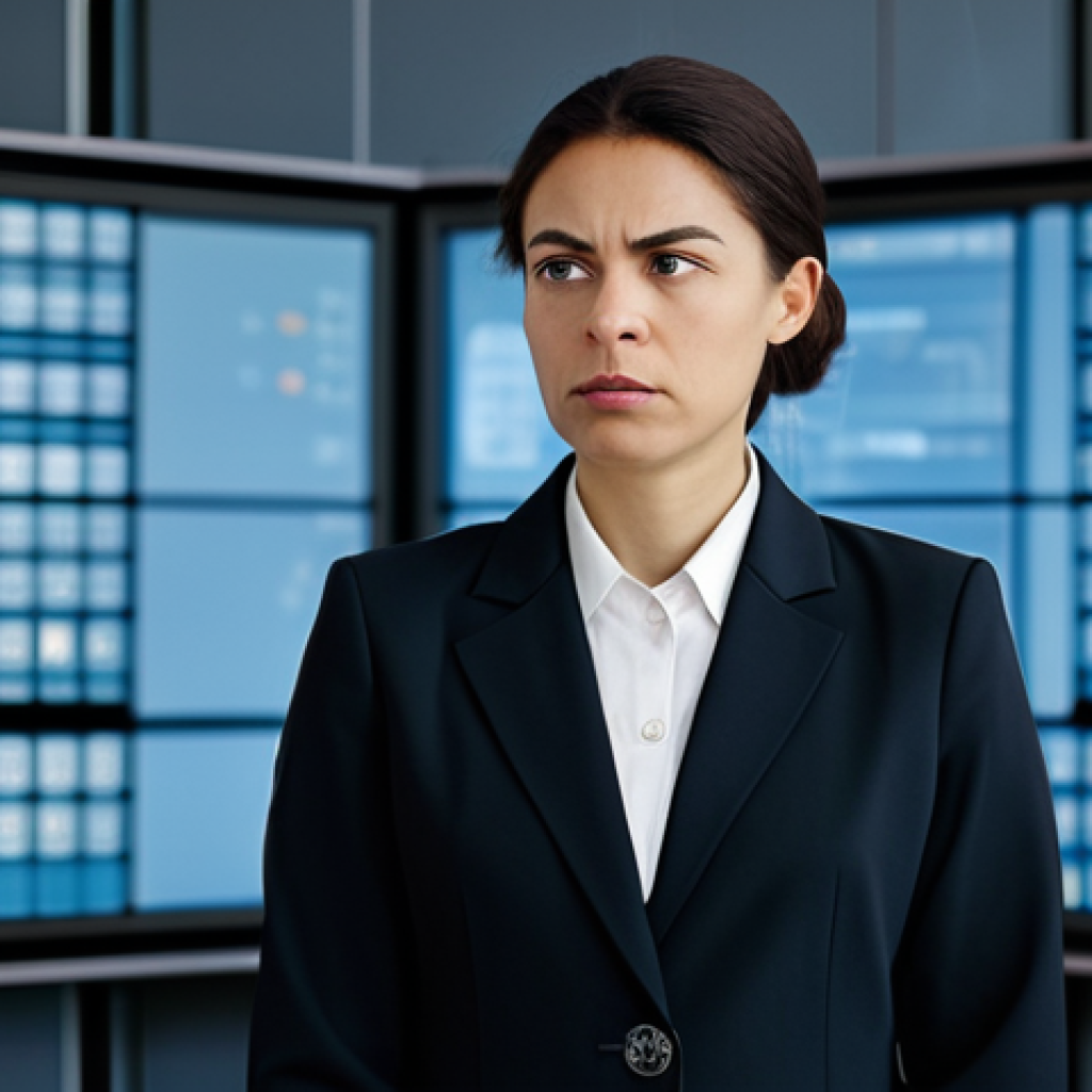 다크패턴 예시 및 분석 - **Prompt:** A professional woman wearing a modest business suit stands confidently in front of a com...