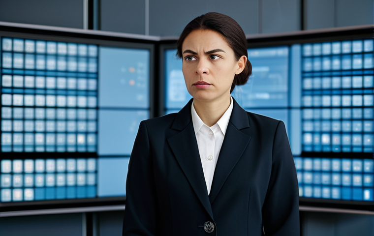 다크패턴 예시 및 분석 - **Prompt:** A professional woman wearing a modest business suit stands confidently in front of a com...