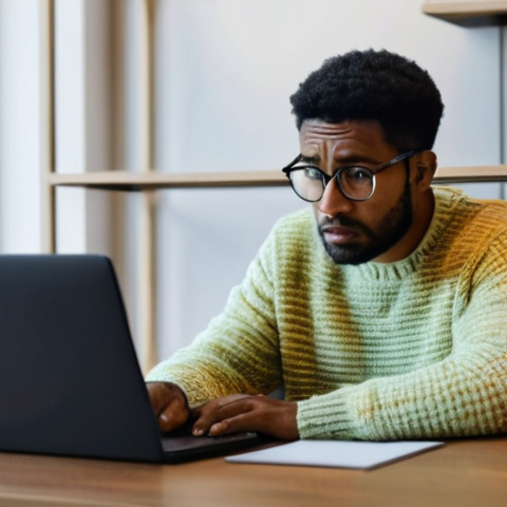 다크패턴의 사회적 논란 - **Prompt:** A person, appearing frustrated and slightly stressed, sits in front of a laptop at a nea...