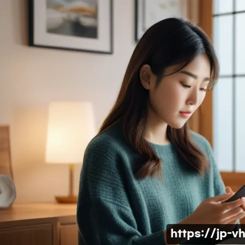 다크패턴의 사용자 저항 사례 - A modern Japanese woman using a smartphone in a cozy room, carefully reviewing subscription settings...