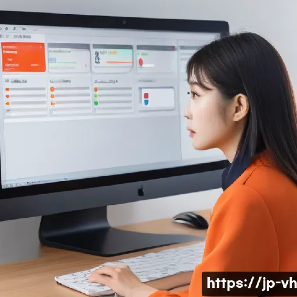 다크패턴과 기업의 신뢰성 - A modern Japanese office scene showing a young professional woman sitting in front of a computer scr...
