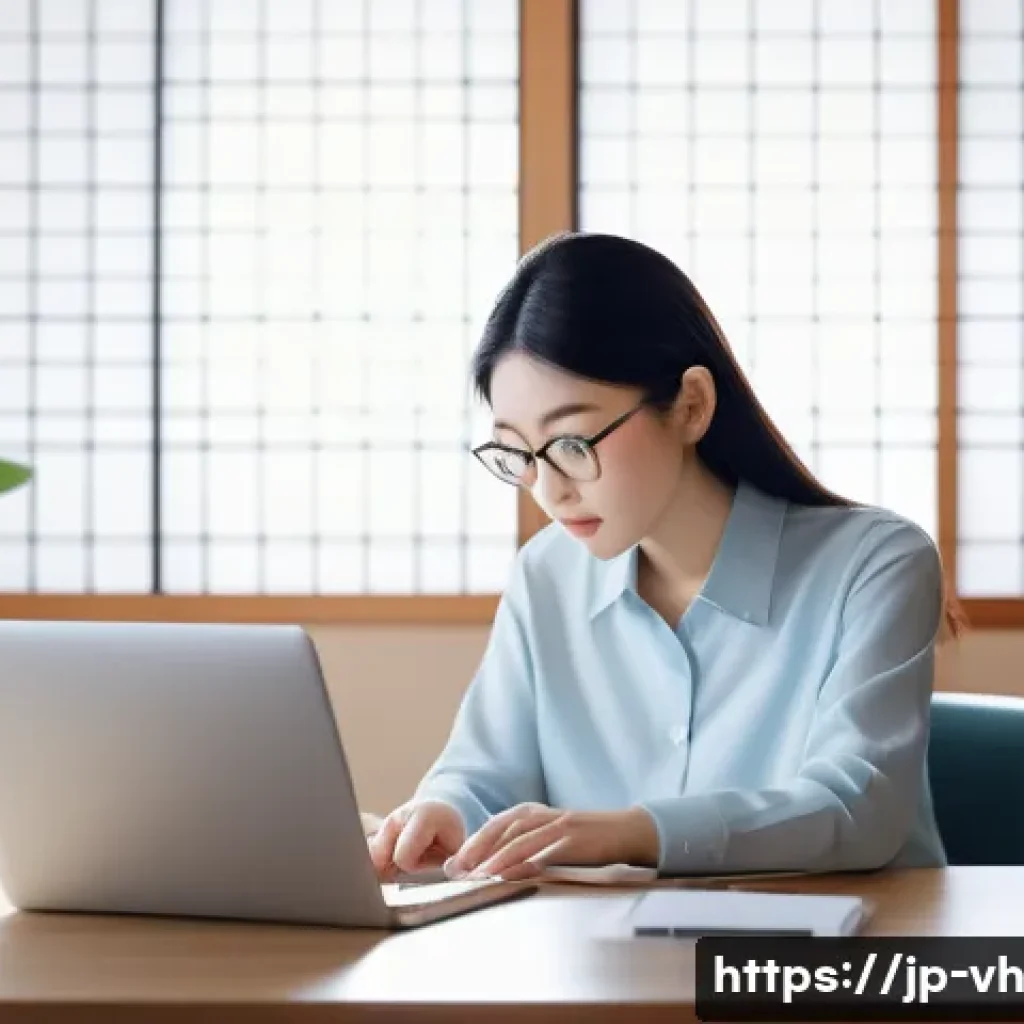 다크패턴과 데이터 프라이버시 - A modern Japanese web user sitting at a sleek desk, attentively examining a laptop screen displaying...