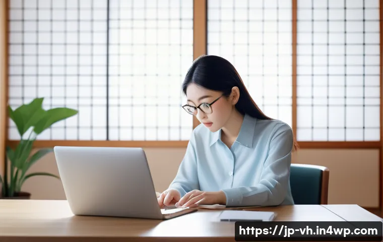 다크패턴과 데이터 프라이버시 - A modern Japanese web user sitting at a sleek desk, attentively examining a laptop screen displaying...