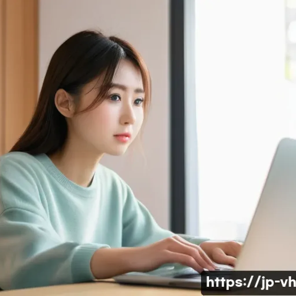 소셜 미디어에서의 다크패턴 - A modern Japanese young adult woman sitting at a desk in a cozy room, focused on a laptop screen dis...
