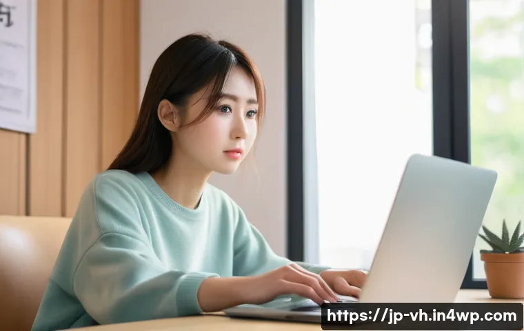소셜 미디어에서의 다크패턴 - A modern Japanese young adult woman sitting at a desk in a cozy room, focused on a laptop screen dis...