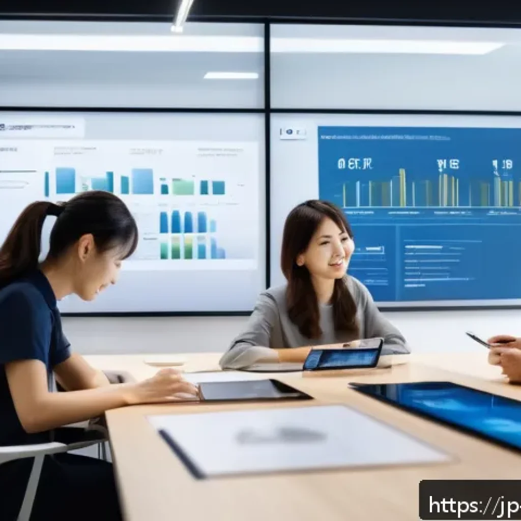 다크패턴이 기업 신뢰도에 미치는 영향 - A modern Japanese office scene showing a diverse group of professional adults collaborating around a...