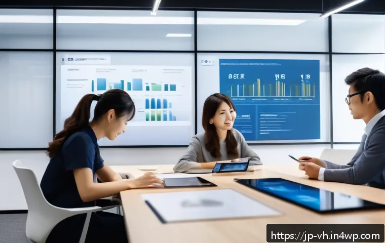 다크패턴이 기업 신뢰도에 미치는 영향 - A modern Japanese office scene showing a diverse group of professional adults collaborating around a...