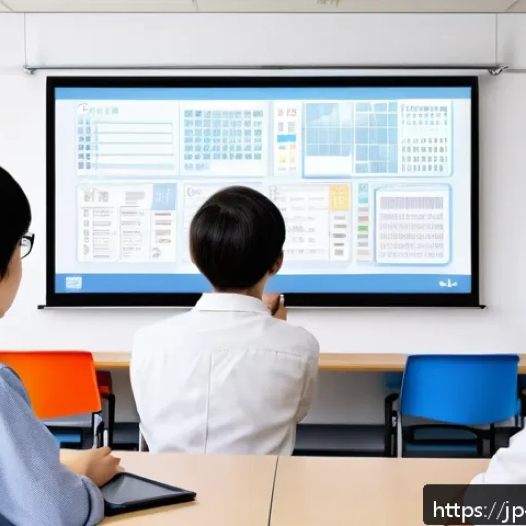 다크패턴의 교육적 접근 - A modern Japanese classroom scene where a diverse group of high school students gather around a digi...
