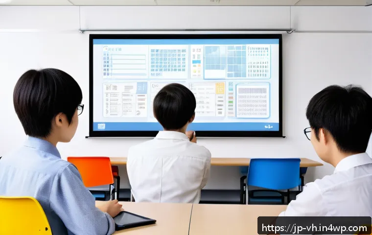 다크패턴의 교육적 접근 - A modern Japanese classroom scene where a diverse group of high school students gather around a digi...